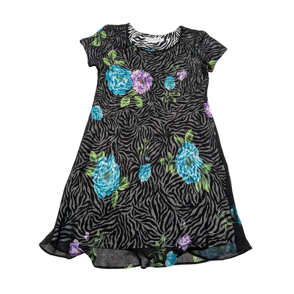 Jessica Howard Womens Zebra Floral Mesh Overlay A-Line Dress Blackโ Turquoise L